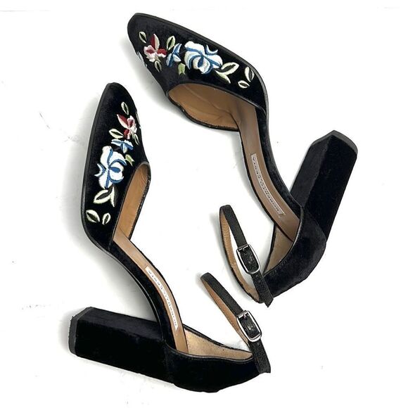 Roberto Festa Milano Black Velvet Floral Embroidered Pumps Ankle Strap IT 38 US8 - Picture 7 of 16